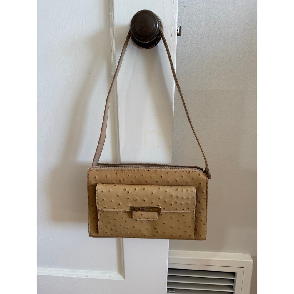 VTG Enzo Angiolini Ostrich Embossed Leather Shoulder Bag Tan Beige Wallet Clutch